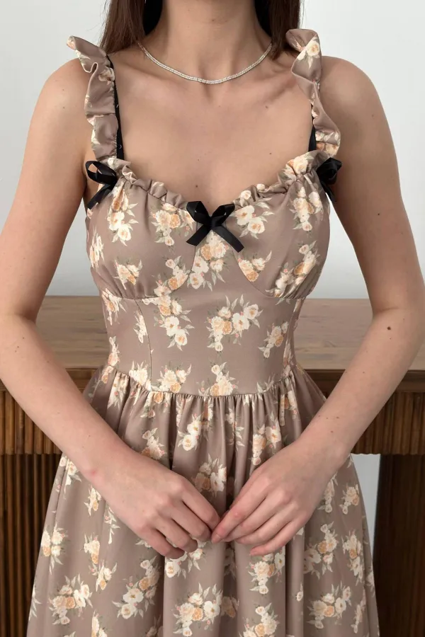 Toptan Kahverengi Önü Fiyonklu Çiçekli Elbise
