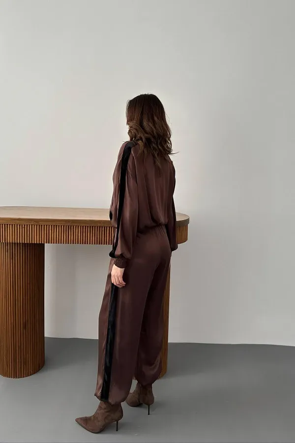 Survêtement en satin rayé velours marron, vente en gros