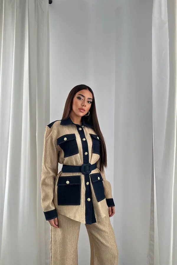 Toptan Sarı Garnili Cepli Gömlek Ve Pantolon Takım