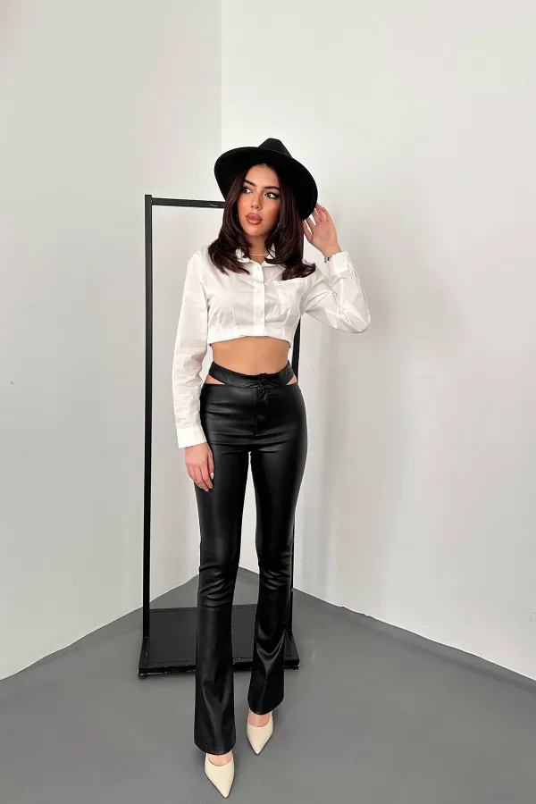 Toptan Siyah Bel Detaylı Deri Pantolon