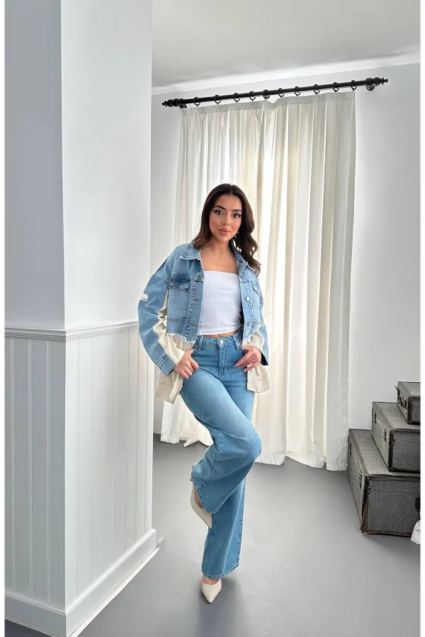 Veste en jean bleu tricotée garnie en gros