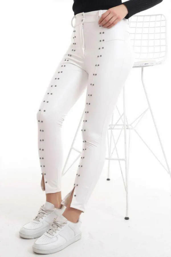 Leggings en cuir brodés de pierres blanches en gros