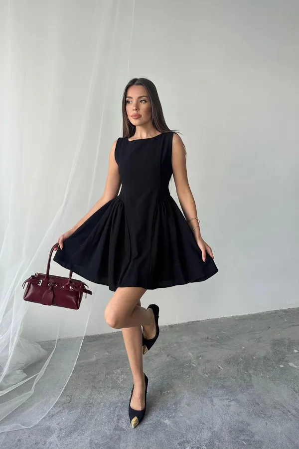 Robe mini froncée en lin noir en gros