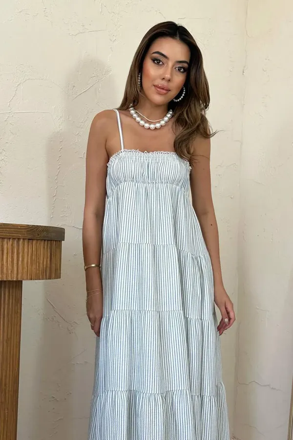 Wholesale Blue Strappy Striped Muslin Dress