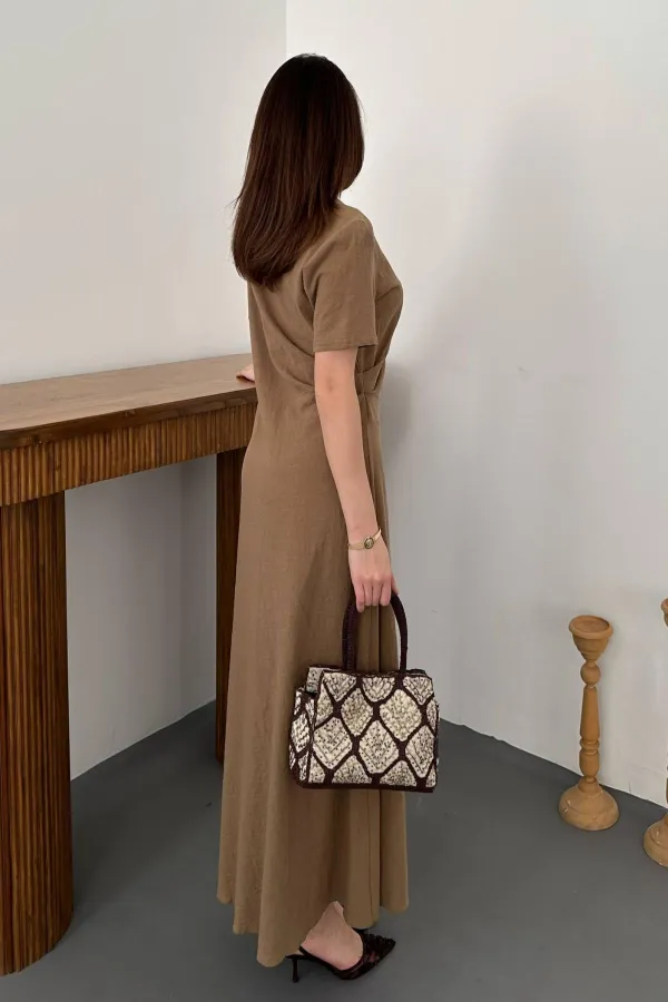 Toptan Vizon Pileli Bisiklet Yaka Elbise