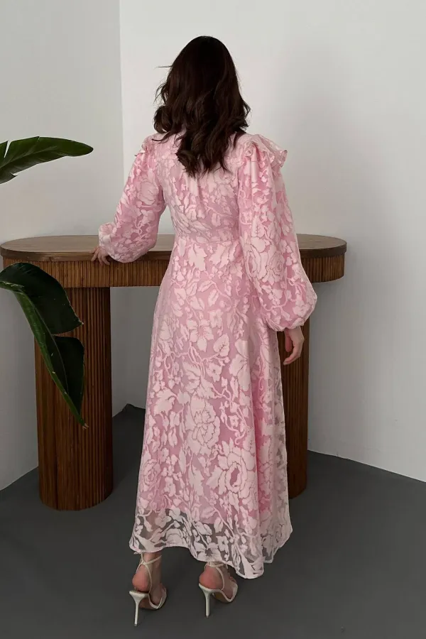 Toptan Pembe Yakası Fular Detaylı Elbise