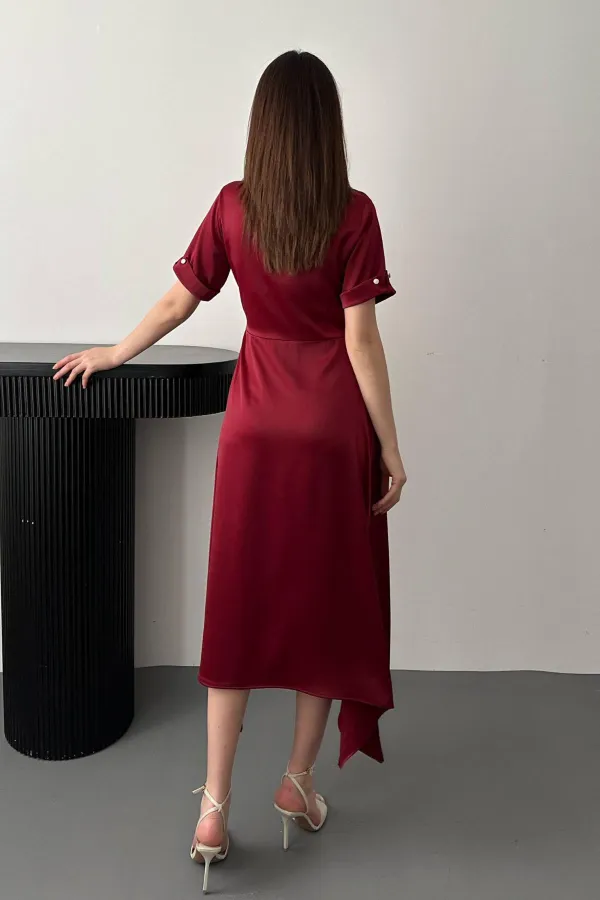 Toptan Bordo Fular Detaylı Saten Elbise