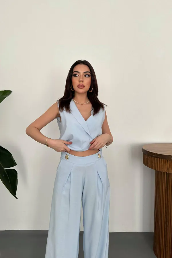 Ensemble gilet et pantalon asymétrique bleu ciel en gros