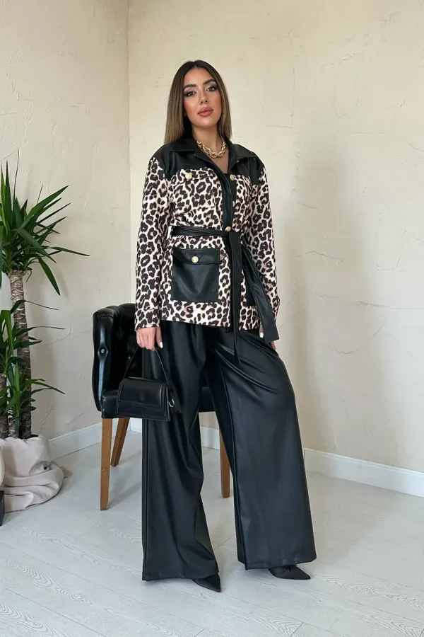 Costume léopard garni de cuir noir en gros