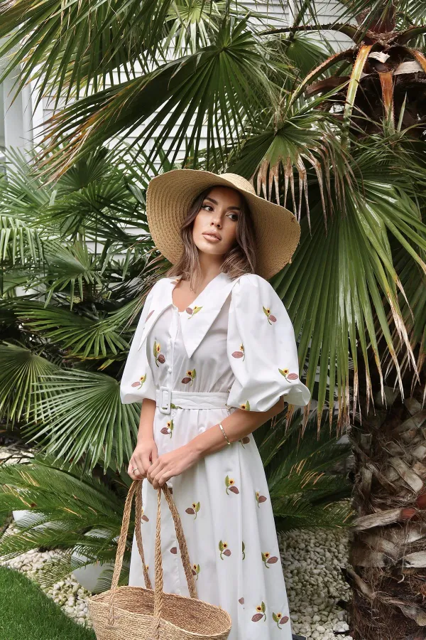 Toptan Kahverengi Yakası Çiçek Motifli Kemerli Elbise