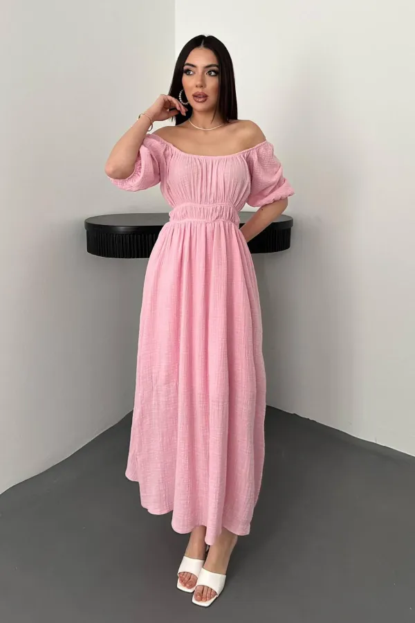 Robe en mousseline de lin rose à col froncé, vente en gros