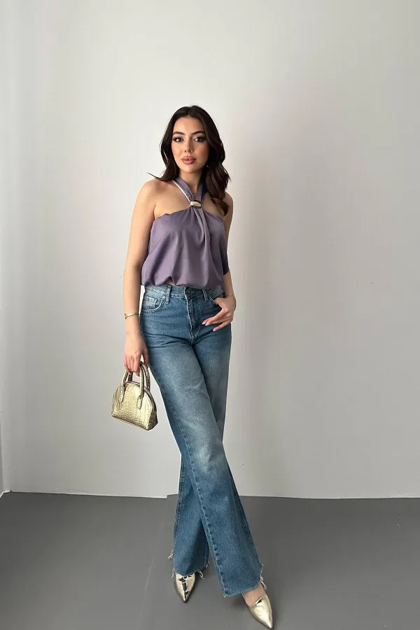 Toptan Lila Toka Detaylı Bluz