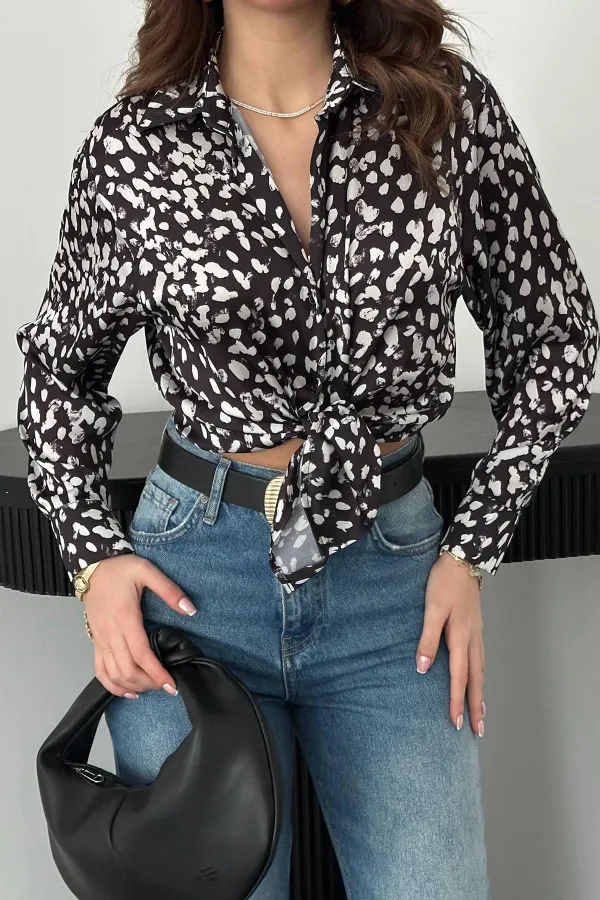 Chemise en satin noir à imprimé léopard en gros