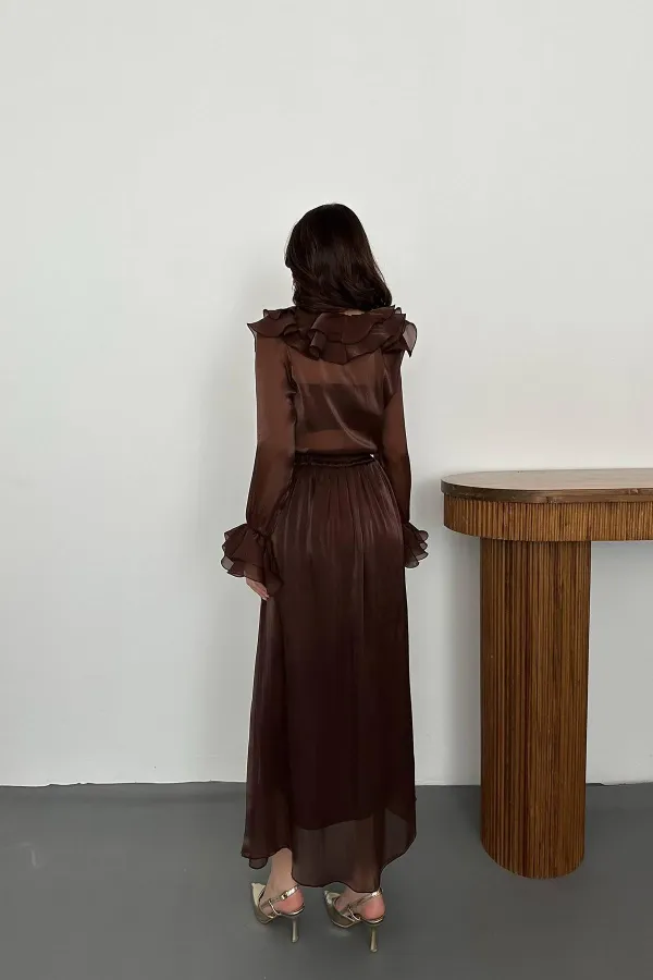 Toptan Kahverengi Fırfırlı Bluz Lastikli Etek Takım