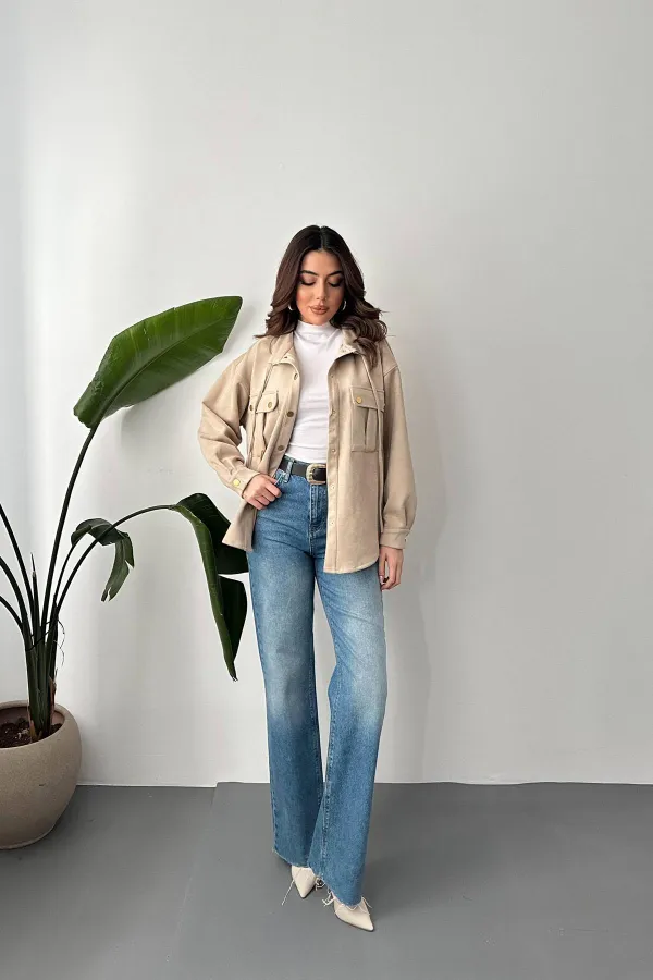 Toptan Bej Çıtçıtlı Süet Gömlek