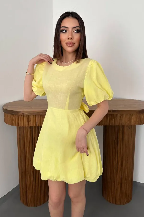 Toptan Sarı Arkadan Bağlamalı Keten Elbise