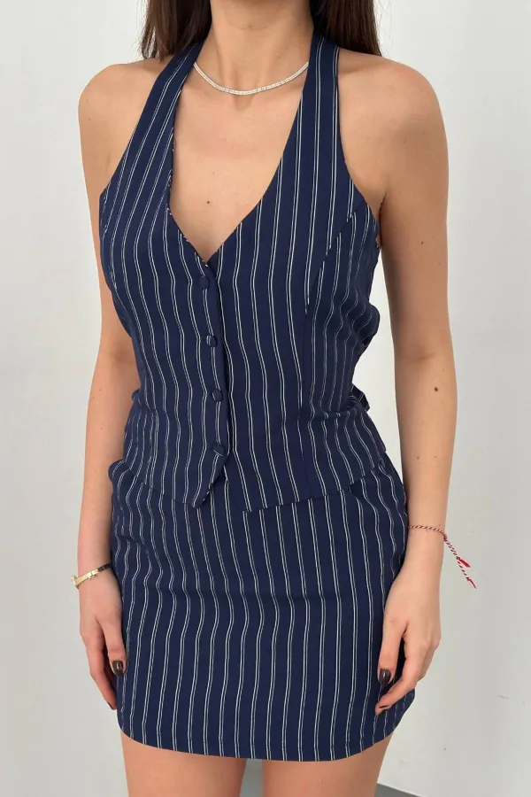 Toptan Lacivert Çizgili Yelek Ve Etek Takım