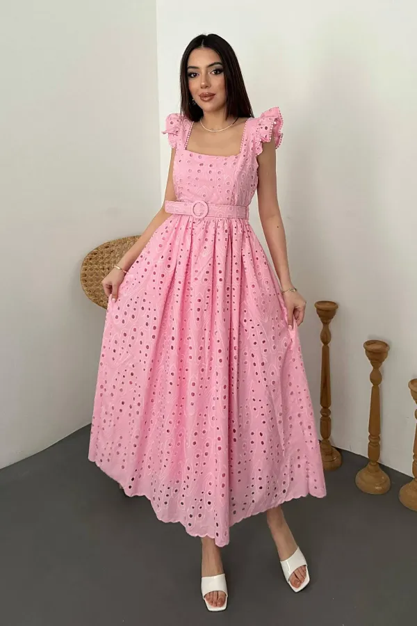 Toptan Pembe Dantelli Brode Elbise