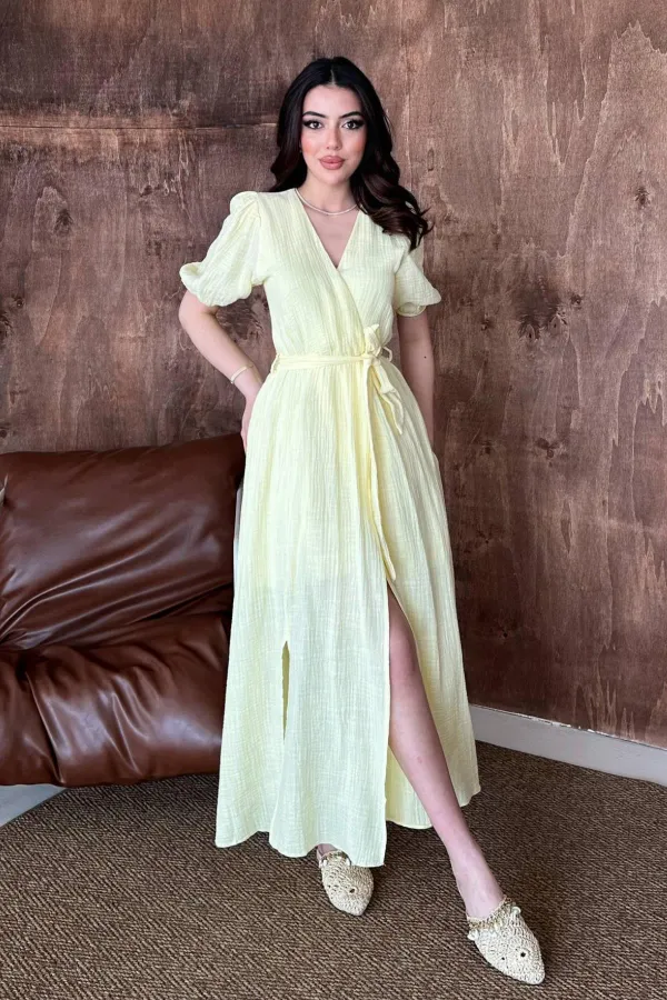 Toptan Sarı Kruvaze Yaka Müslin Keten Elbise