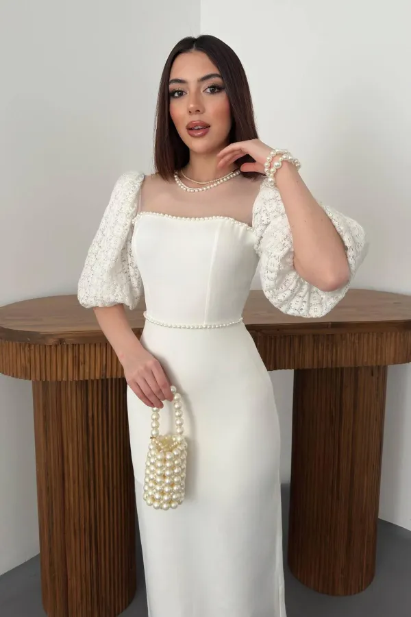 Robe en tulle ornée de perles blanc cassé, vente en gros