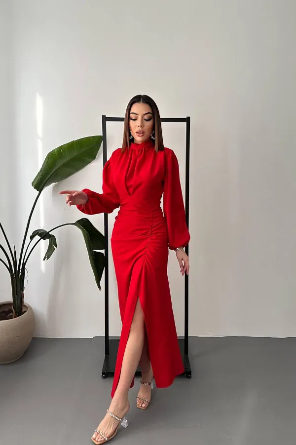 Robe fendue à jupe plissée rouge en gros