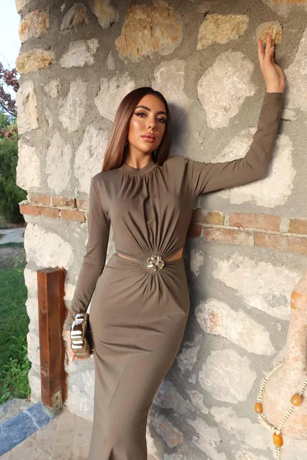 Toptan Haki Pencere Detaylı Büzgülü Elbise