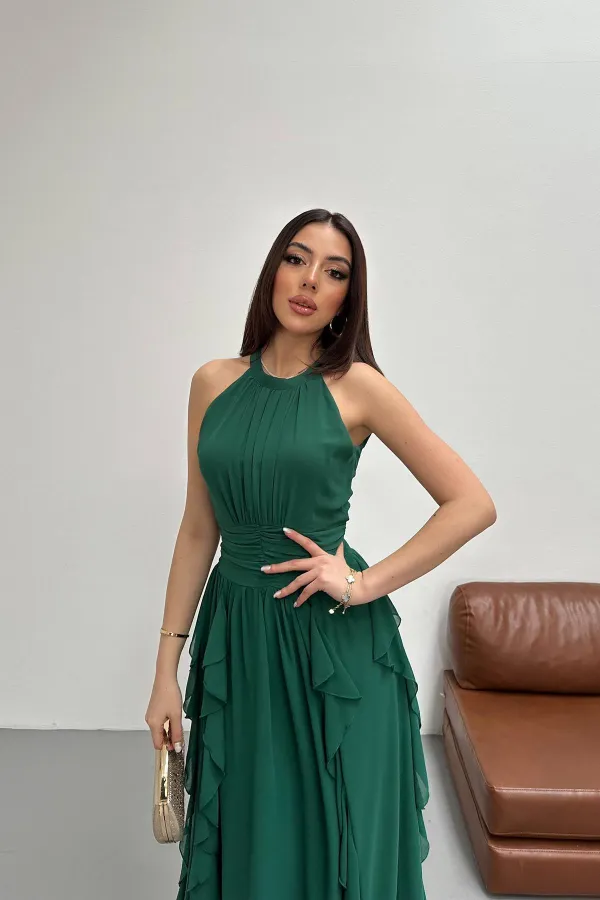 Toptan Zümrüt Önü Büzgülü Fırfırlı Elbise
