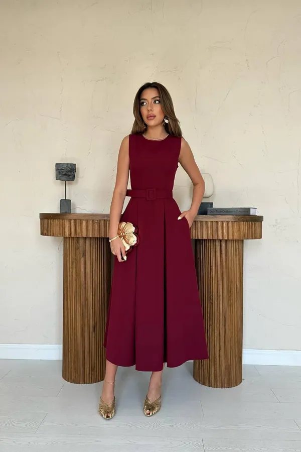 Toptan Bordo Halter Yaka Kloş Elbise