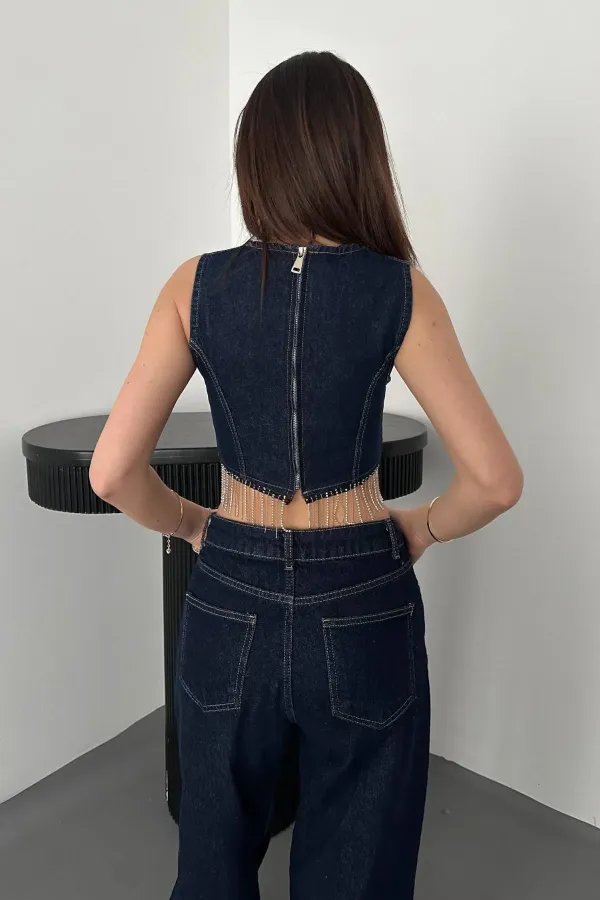 Toptan Mavi Altı Zincirli Bluz