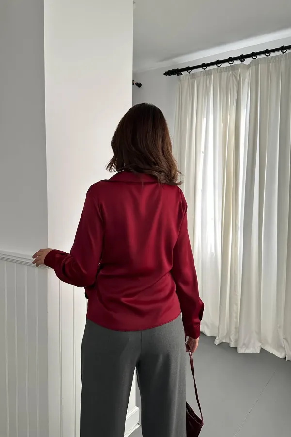 Toptan Bordo Düğme Detaylı Saten Bluz