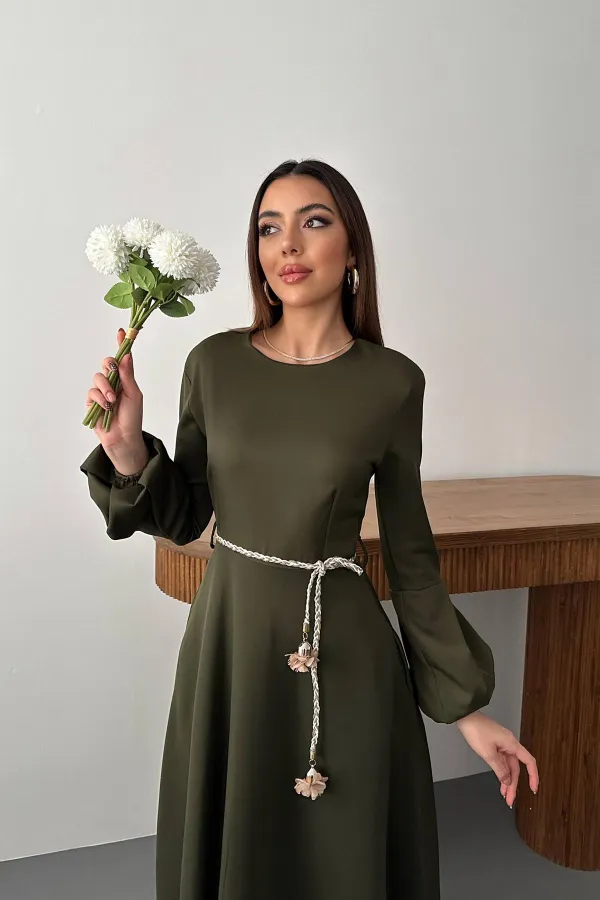 Toptan Haki Balon Kollu Kuşaklı Elbise