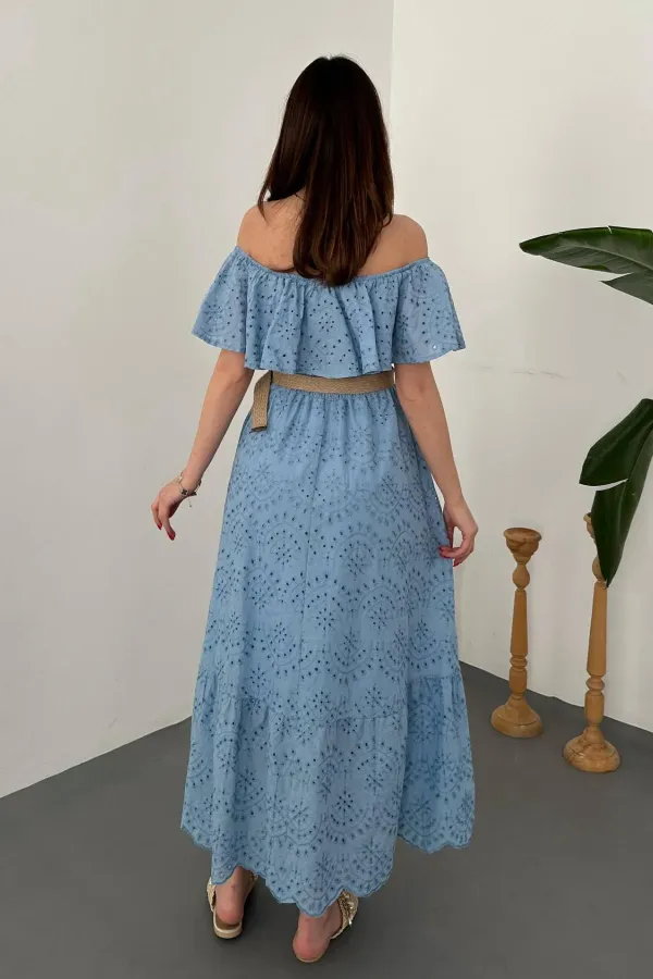 Wholesale Baby Blue Elastic Shoulder Embroidered Dress