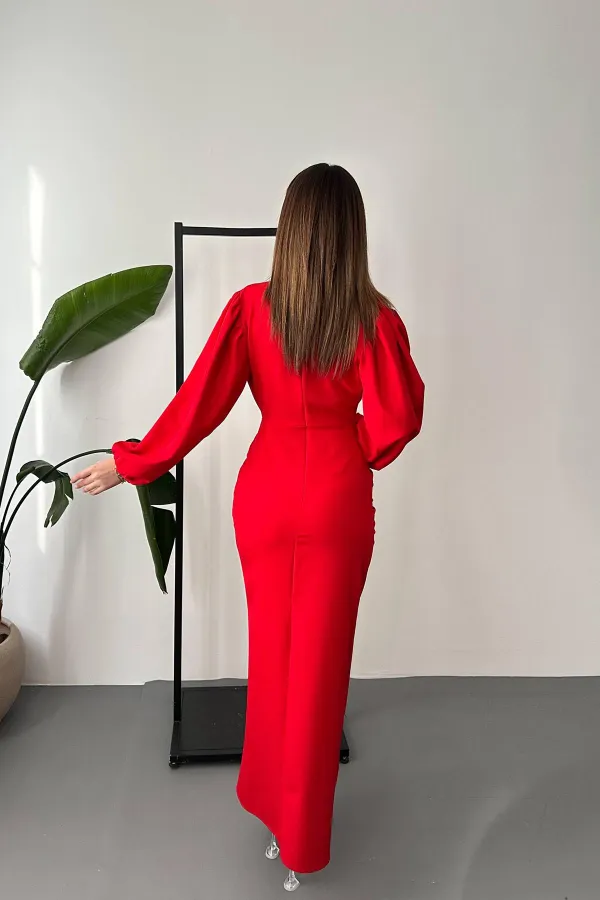 Robe fendue à jupe plissée rouge en gros