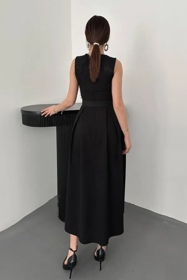 Toptan Siyah Kolevi Dantelli Elbise