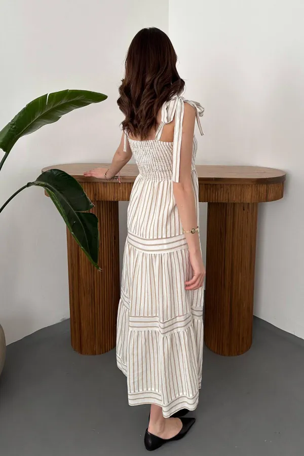 Toptan Bej Omuzdan Bağlamalı Çizgili Elbise