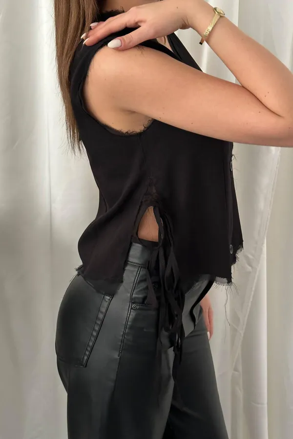 Toptan Siyah Yanları Bağcıklı Yelek