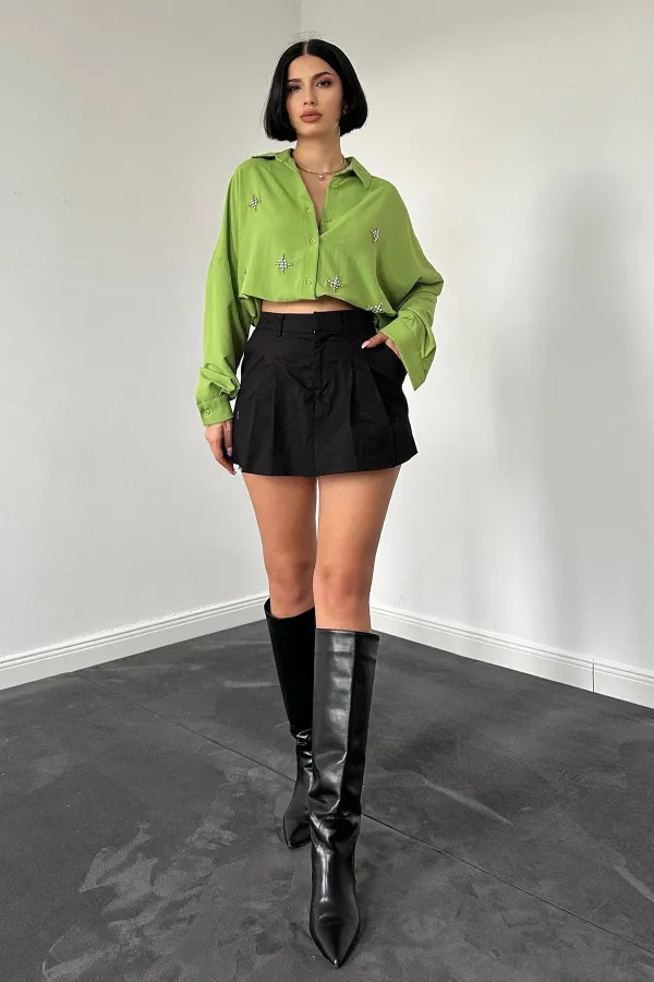 Toptan Yeşil Klasik Kalıp El İşlemeli Gömlek