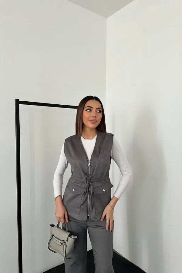 Ensemble gilet et pantalon en daim gris en vente en gros