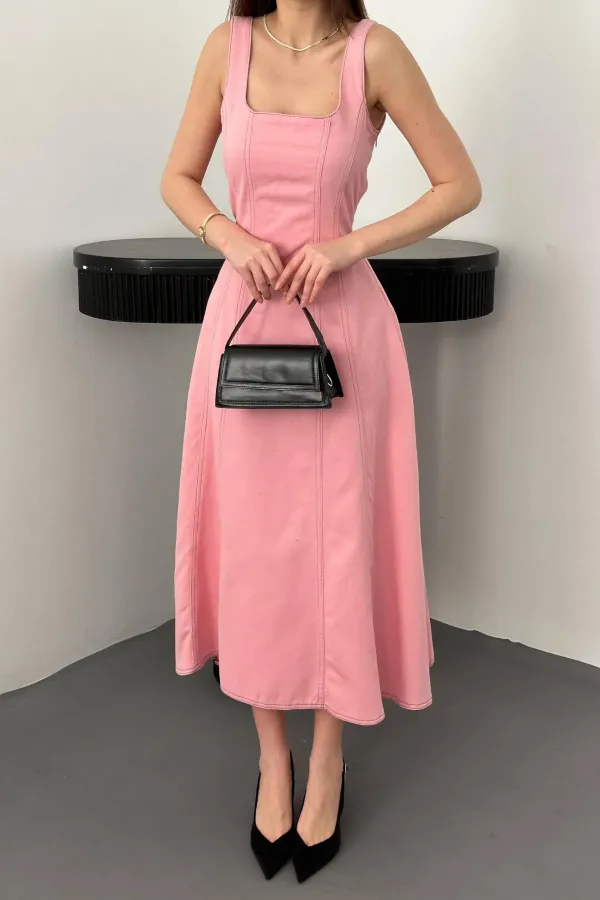 Toptan Pembe Çift Dikişli Gabardin Elbise