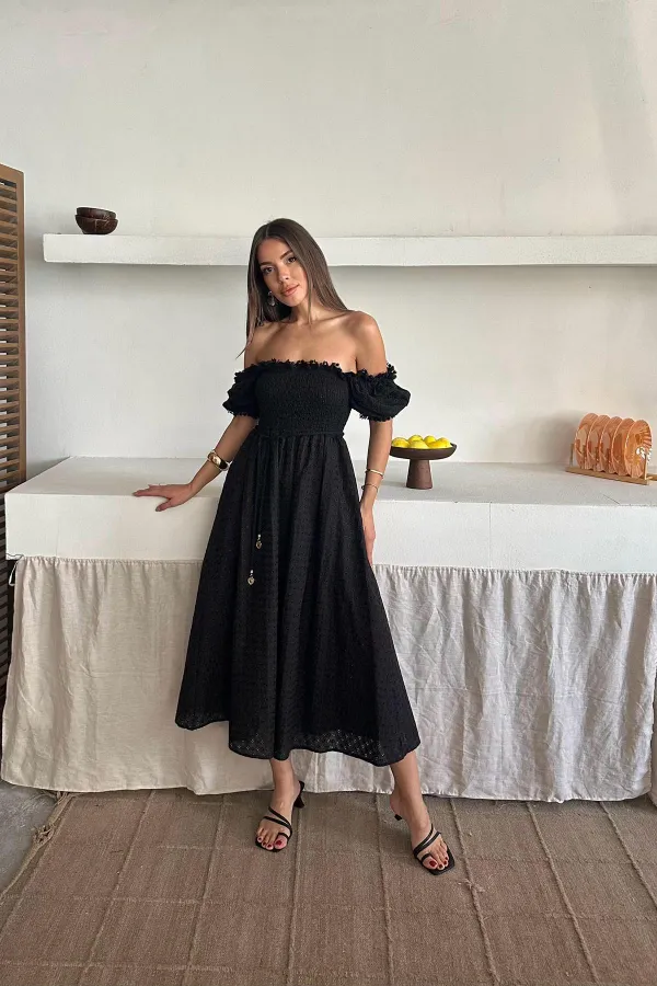 Toptan Siyah Gipeli Brode Elbise