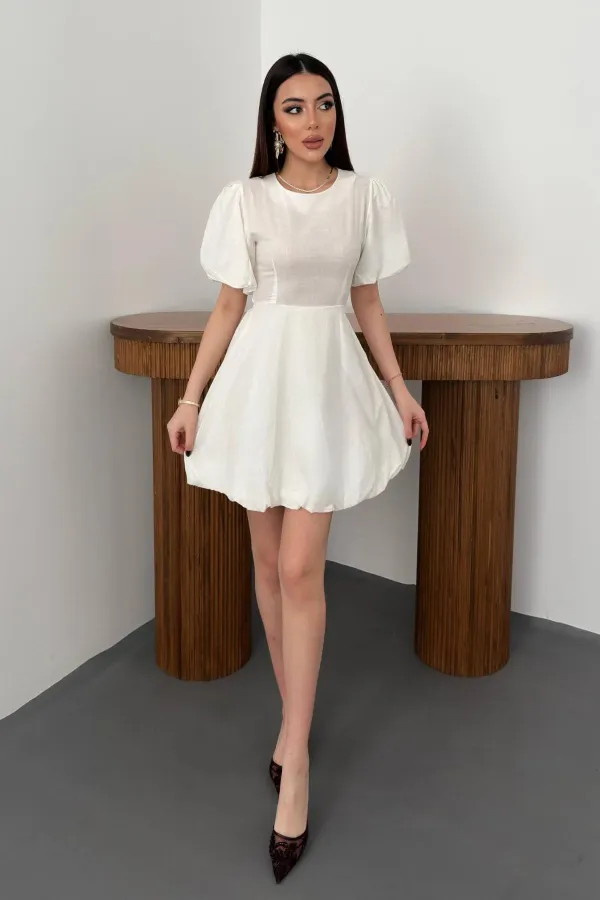 Toptan Beyaz Arkadan Bağlamalı Keten Elbise