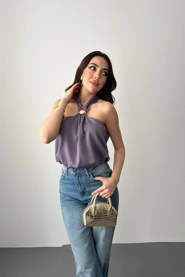 Toptan Lila Toka Detaylı Bluz