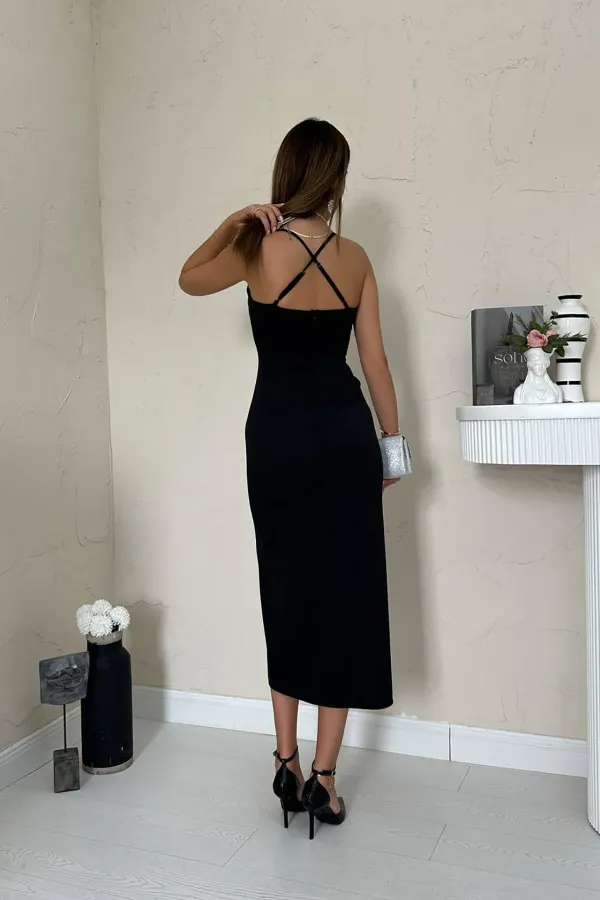 Toptan Siyah Sırt Dekolteli Elbise
