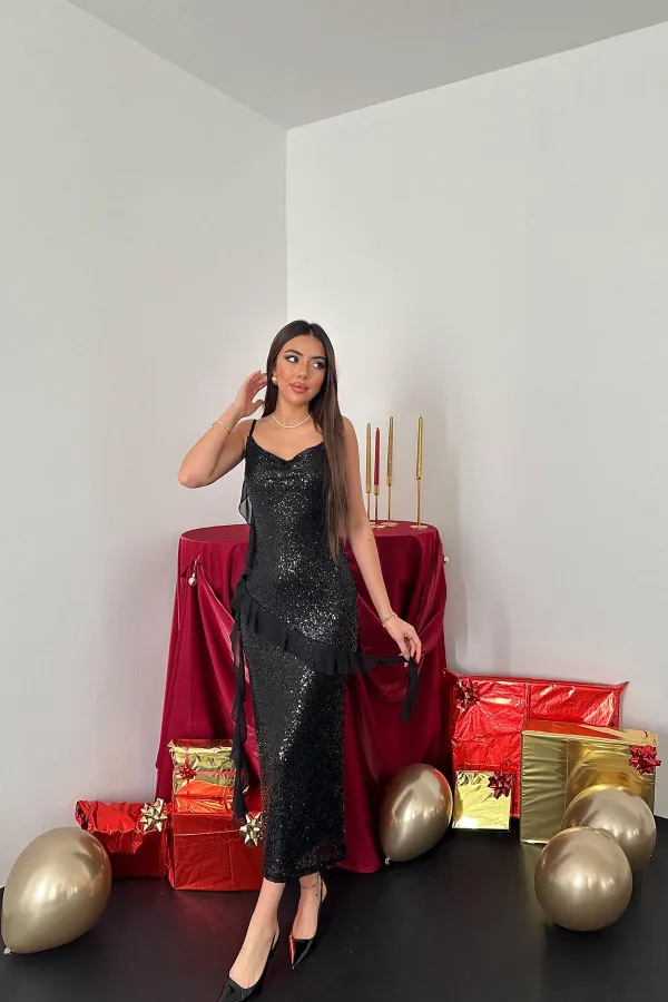 Wholesale Black Sequined Chiffon Ruffle Dress