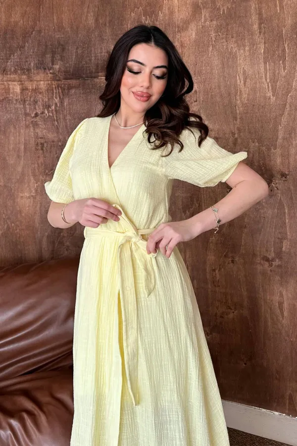 Toptan Sarı Kruvaze Yaka Müslin Keten Elbise