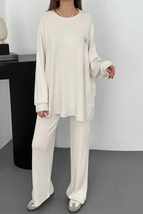 Toptan Ekru Klasik Fitilli Kazak Ve Pantolon Takım