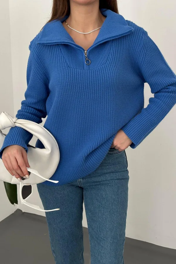 Toptan Mavi Fermuarlı Ve Boğazlı Triko Kazak