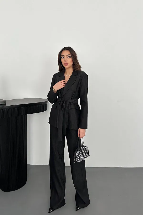 Toptan Siyah Parlak Beli Kuşaklı Takım