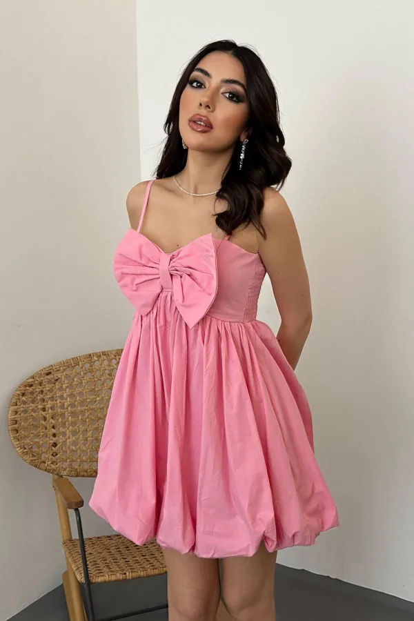 Toptan Pembe Önü Fiyonklu Askılı Elbise