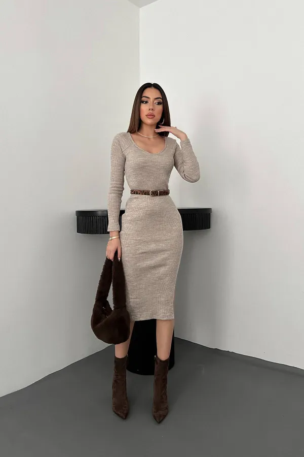 Wholesale Beige Knit Dress with Slit Skirt